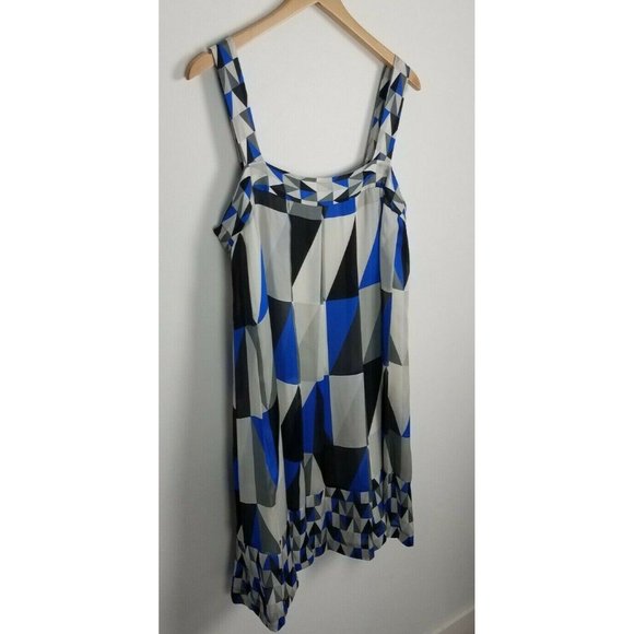 Theory Sz. 12 100% Silk Blue/Grey/White/Black Geometric Pleated Tank Dress - Picture 2 of 8